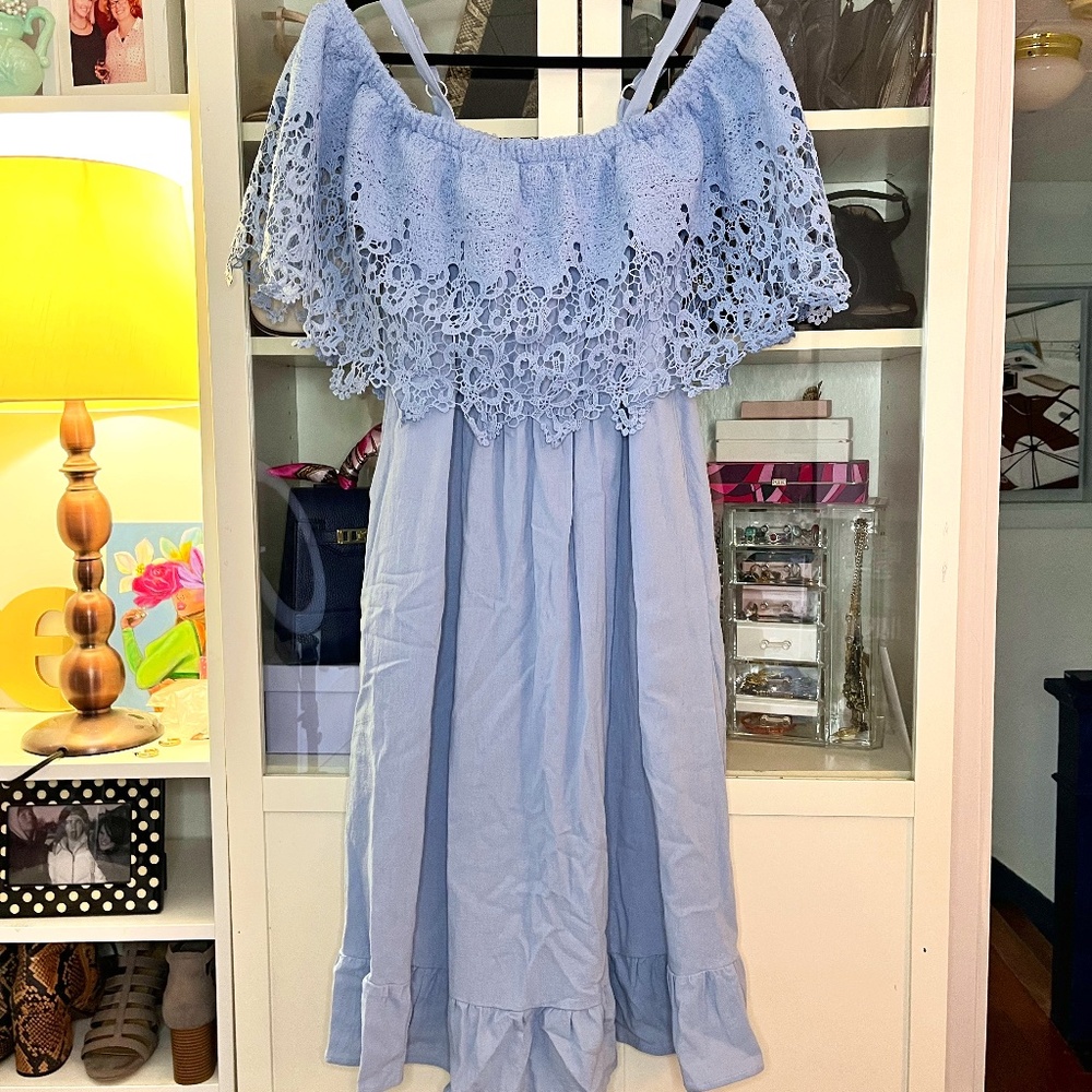 Light Blue Off the Shoulder Lace Ruffle Summer Dress
